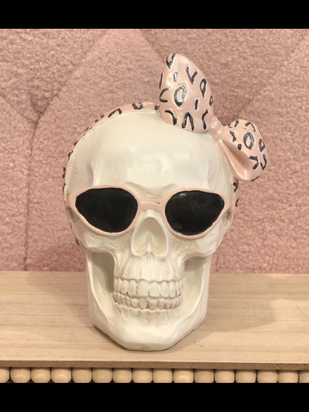 Pink Leopard Bow Skull Figurine with Sunglasses